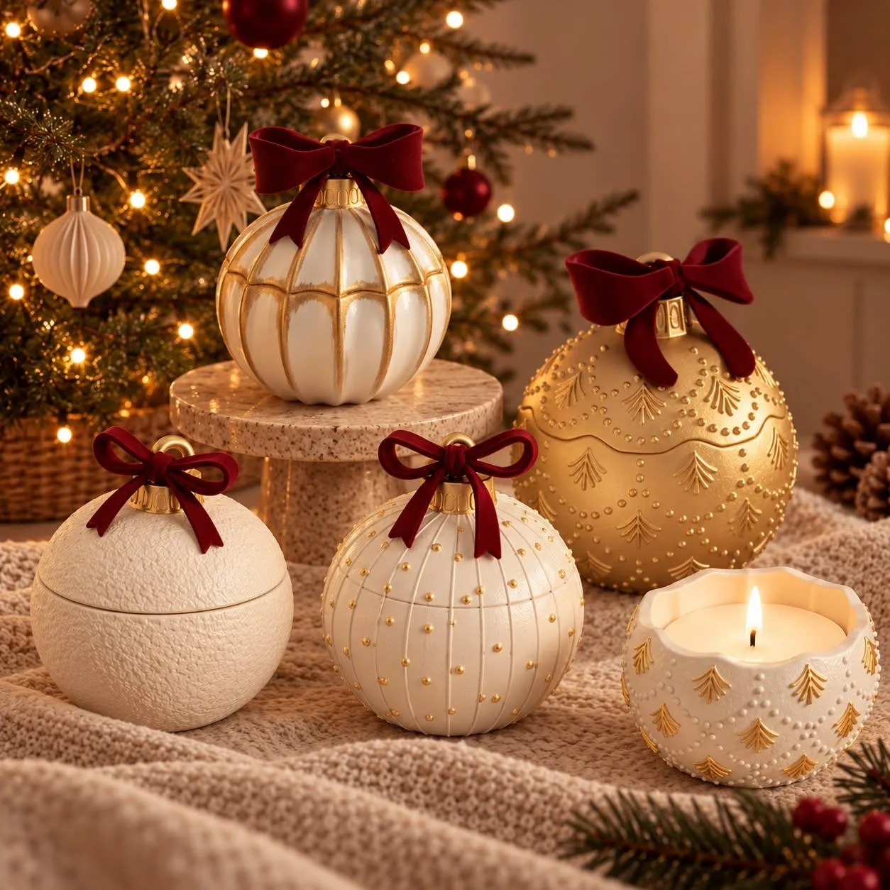 Cream and gold ornament candles with velvet bows beside a glowing Christmas tree