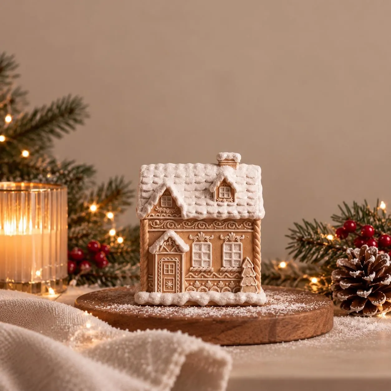 Gingerbread house and warm candlelight styled with festive greenery
