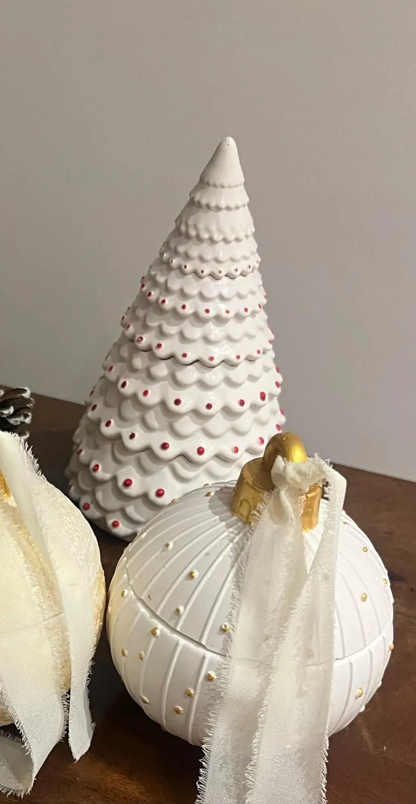 Handmade Christmas tree and bauble candles with soft ribbon