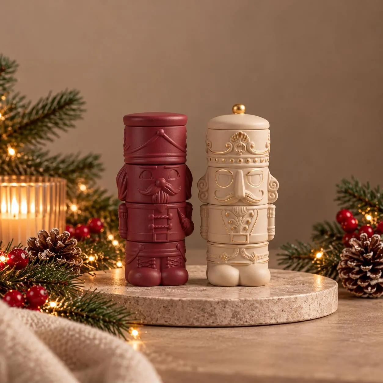 Red and cream nutcracker candles on a festive stone tray