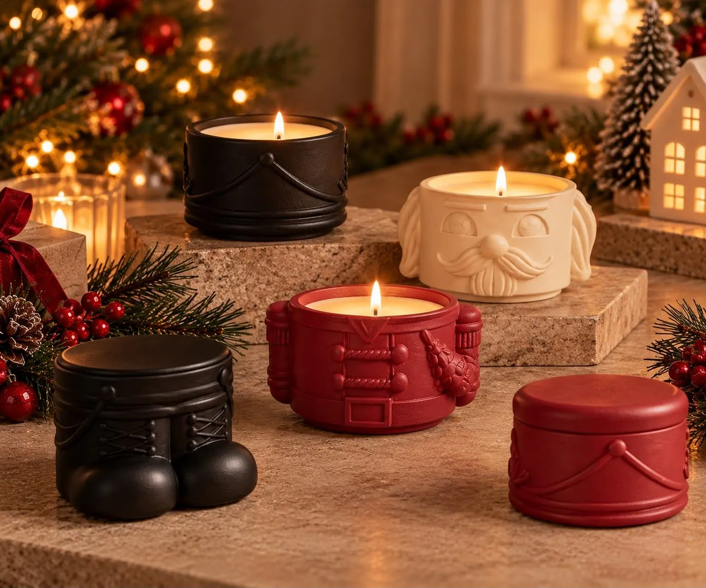 Festive nutcracker drum candles arranged with holiday greenery