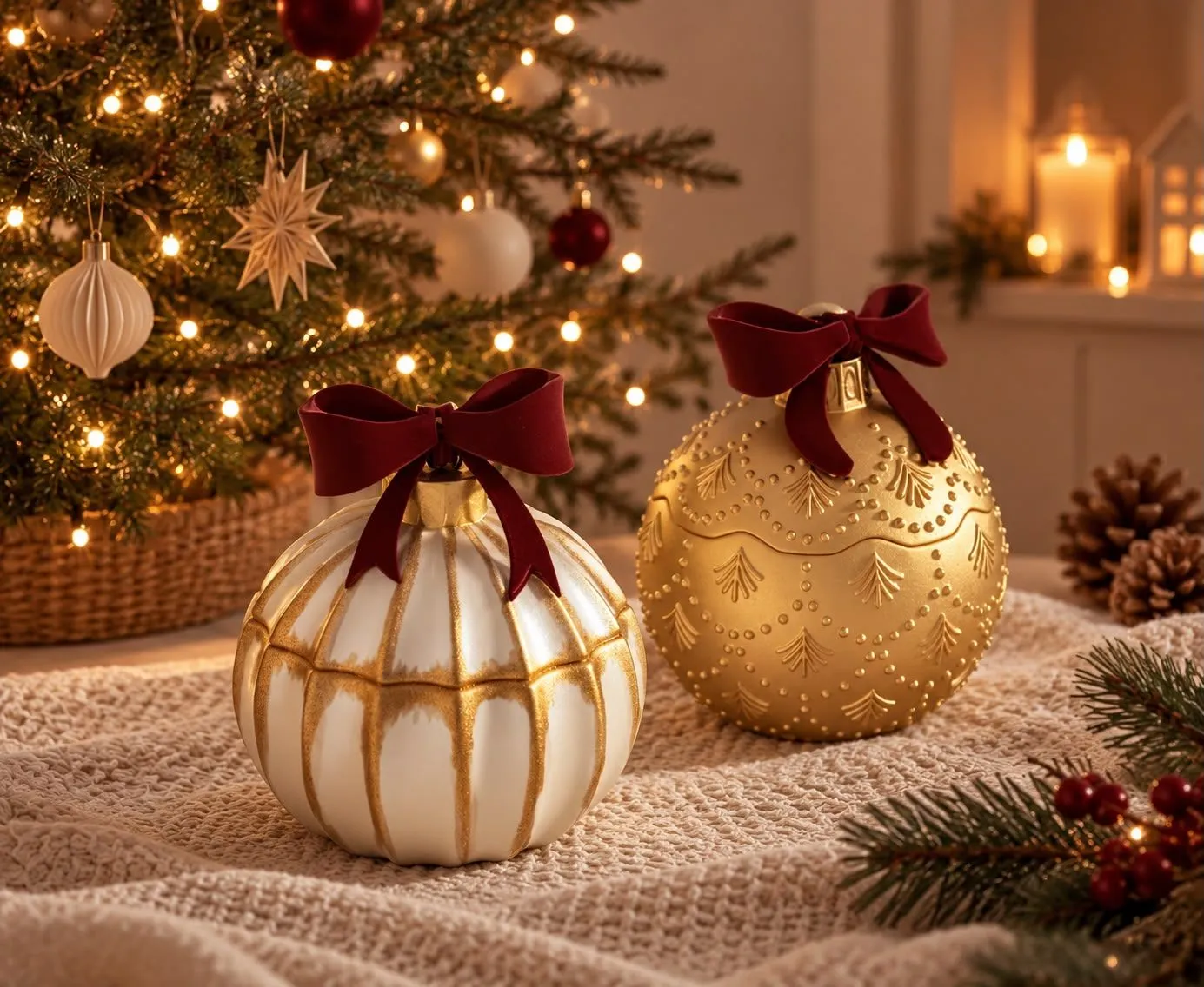 Vintage-style ornament candles in a warm festive setting